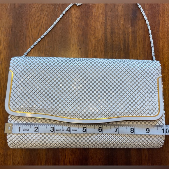 White mesh rhinestone gold accents chain link strap evening purse clutch - Picture 6 of 8